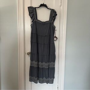Knox Rose Size XXL Flutter Sleeve Maxi Dress Blue/Gray Tiered White Details NWT